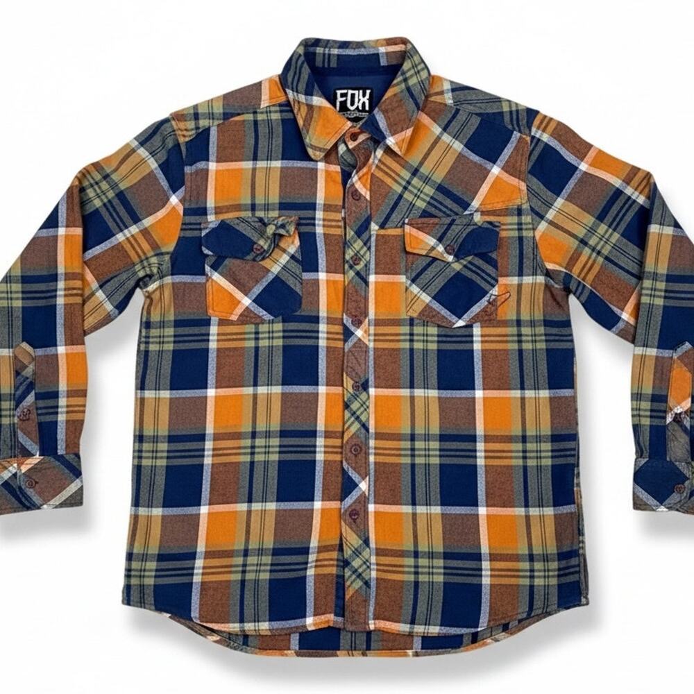Fox Racing Flannel Orange Blue Plaid Shirt Mens XL Long Sleeve Button Up Moto